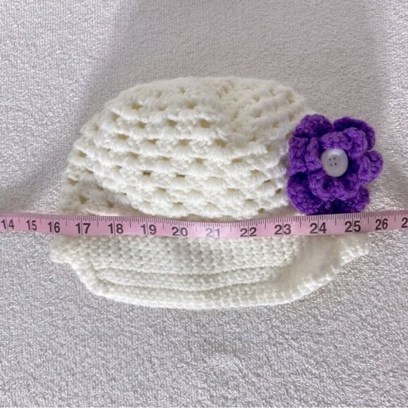 Handmade Cream Crochet Hat With Purple Crochet Flower - Picture 9 of 9